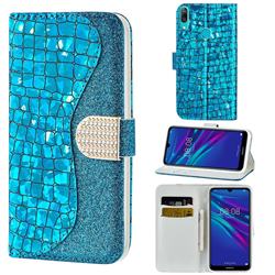 Glitter Diamond Buckle Laser Stitching Leather Wallet Phone Case for Huawei P Smart (2019) - Blue
