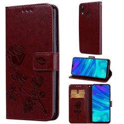 Embossing Rose Flower Leather Wallet Case for Huawei P Smart (2019) - Brown