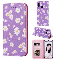 Ultra Slim Daisy Sparkle Glitter Powder Magnetic Leather Wallet Case for Huawei P Smart (2019) - Purple