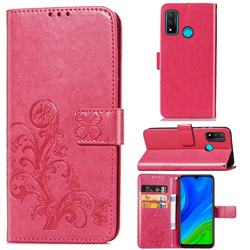Embossing Imprint Four-Leaf Clover Leather Wallet Case for Huawei P Smart (2020) - Rose Red