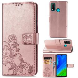 Embossing Imprint Four-Leaf Clover Leather Wallet Case for Huawei P Smart (2020) - Rose Gold