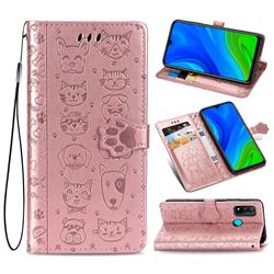 Embossing Dog Paw Kitten and Puppy Leather Wallet Case for Huawei P Smart (2020) - Rose Gold