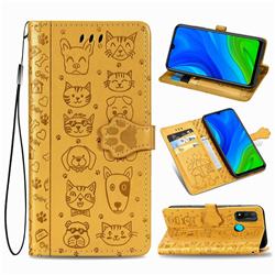 Embossing Dog Paw Kitten and Puppy Leather Wallet Case for Huawei P Smart (2020) - Yellow