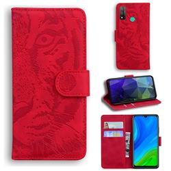 Intricate Embossing Tiger Face Leather Wallet Case for Huawei P Smart (2020) - Red
