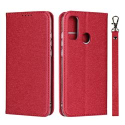 Ultra Slim Magnetic Automatic Suction Silk Lanyard Leather Flip Cover for Huawei P Smart (2020) - Red