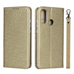 Ultra Slim Magnetic Automatic Suction Silk Lanyard Leather Flip Cover for Huawei P Smart (2020) - Golden