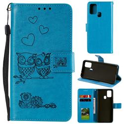 Embossing Owl Couple Flower Leather Wallet Case for Huawei P Smart (2020) - Blue