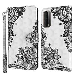 Black Lace Flower 3D Painted Leather Wallet Case for Huawei P smart 2021 / Y7a