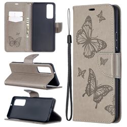 Embossing Double Butterfly Leather Wallet Case for Huawei P smart 2021 / Y7a - Gray