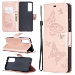 Embossing Double Butterfly Leather Wallet Case for Huawei P smart 2021 / Y7a - Rose Gold