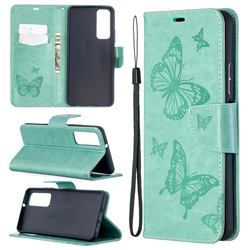 Embossing Double Butterfly Leather Wallet Case for Huawei P smart 2021 / Y7a - Green