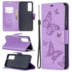 Embossing Double Butterfly Leather Wallet Case for Huawei P smart 2021 / Y7a - Purple