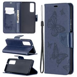 Embossing Double Butterfly Leather Wallet Case for Huawei P smart 2021 / Y7a - Dark Blue