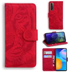 Intricate Embossing Tiger Face Leather Wallet Case for Huawei P smart 2021 / Y7a - Red