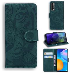 Intricate Embossing Tiger Face Leather Wallet Case for Huawei P smart 2021 / Y7a - Green