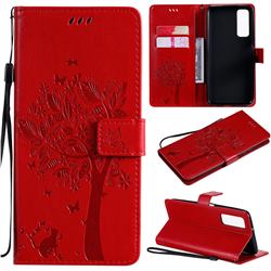 Embossing Butterfly Tree Leather Wallet Case for Huawei P smart 2021 / Y7a - Red