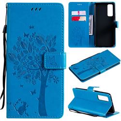 Embossing Butterfly Tree Leather Wallet Case for Huawei P smart 2021 / Y7a - Blue
