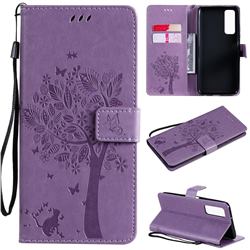 Embossing Butterfly Tree Leather Wallet Case for Huawei P smart 2021 / Y7a - Violet
