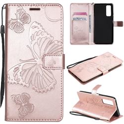 Embossing 3D Butterfly Leather Wallet Case for Huawei P smart 2021 / Y7a - Rose Gold