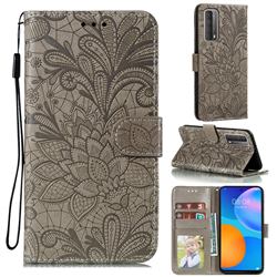 Intricate Embossing Lace Jasmine Flower Leather Wallet Case for Huawei P smart 2021 / Y7a - Gray