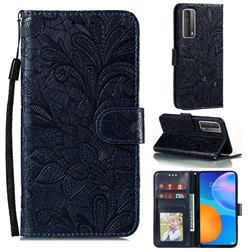 Intricate Embossing Lace Jasmine Flower Leather Wallet Case for Huawei P smart 2021 / Y7a - Dark Blue