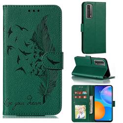 Intricate Embossing Lychee Feather Bird Leather Wallet Case for Huawei P smart 2021 / Y7a - Green