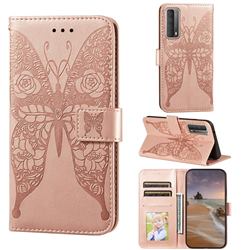Intricate Embossing Rose Flower Butterfly Leather Wallet Case for Huawei P smart 2021 / Y7a - Rose Gold