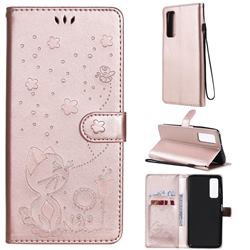 Embossing Bee and Cat Leather Wallet Case for Huawei P smart 2021 / Y7a - Rose Gold