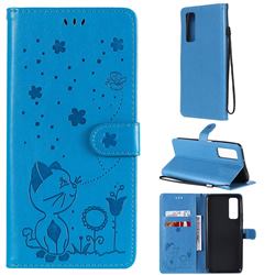 Embossing Bee and Cat Leather Wallet Case for Huawei P smart 2021 / Y7a - Blue