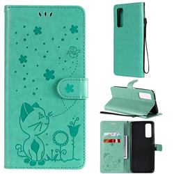 Embossing Bee and Cat Leather Wallet Case for Huawei P smart 2021 / Y7a - Green