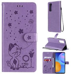 Embossing Bee and Cat Leather Wallet Case for Huawei P smart 2021 / Y7a - Purple