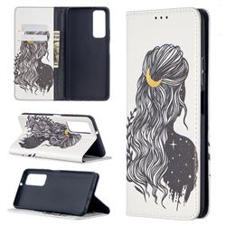 Girl with Long Hair Slim Magnetic Attraction Wallet Flip Cover for Huawei P smart 2021 / Y7a