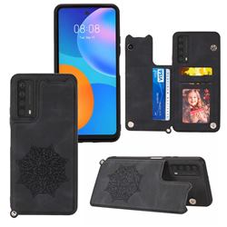 Luxury Mandala Multi-function Magnetic Card Slots Stand Leather Back Cover for Huawei P smart 2021 / Y7a - Black