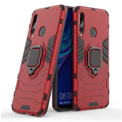 Black Panther Armor Metal Ring Grip Shockproof Dual Layer Rugged Hard Cover for Huawei P Smart+ (2019) - Red