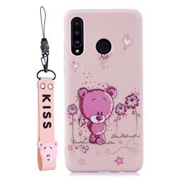 Pink Flower Bear Soft Kiss Candy Hand Strap Silicone Case for Huawei P Smart+ (2019)