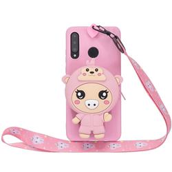 Pink Pig Neck Lanyard Zipper Wallet Silicone Case for Huawei P Smart+ (2019)