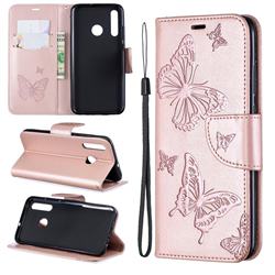 Embossing Double Butterfly Leather Wallet Case for Huawei P Smart+ (2019) - Rose Gold
