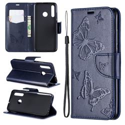 Embossing Double Butterfly Leather Wallet Case for Huawei P Smart+ (2019) - Dark Blue