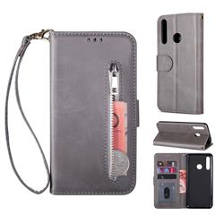 Retro Calfskin Zipper Leather Wallet Case Cover for Huawei P Smart+ (2019) - Grey