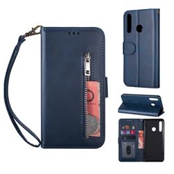 Retro Calfskin Zipper Leather Wallet Case Cover for Huawei P Smart+ (2019) - Blue