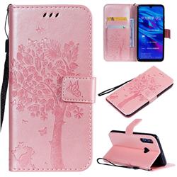 Embossing Butterfly Tree Leather Wallet Case for Huawei P Smart+ (2019) - Rose Pink