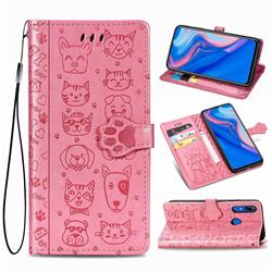 Embossing Dog Paw Kitten and Puppy Leather Wallet Case for Huawei P Smart Z (2019) - Pink