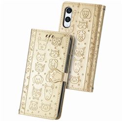 Embossing Dog Paw Kitten and Puppy Leather Wallet Case for Rakuten Hand - Champagne Gold