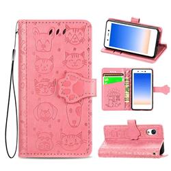Embossing Dog Paw Kitten and Puppy Leather Wallet Case for Rakuten Mini - Pink