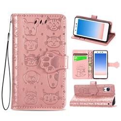 Embossing Dog Paw Kitten and Puppy Leather Wallet Case for Rakuten Mini - Rose Gold