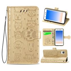 Embossing Dog Paw Kitten and Puppy Leather Wallet Case for Rakuten Mini - Champagne Gold