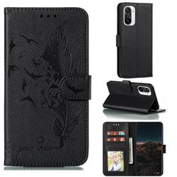Intricate Embossing Lychee Feather Bird Leather Wallet Case for Xiaomi Redmi K40 / K40 Pro - Black