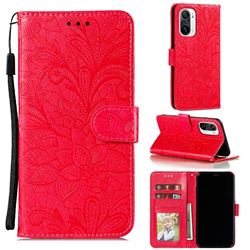 Intricate Embossing Lace Jasmine Flower Leather Wallet Case for Xiaomi Redmi K40 / K40 Pro - Red