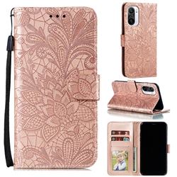 Intricate Embossing Lace Jasmine Flower Leather Wallet Case for Xiaomi Redmi K40 / K40 Pro - Rose Gold