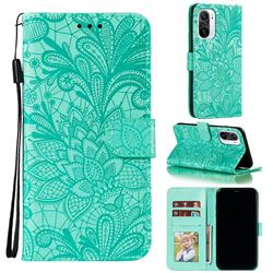 Intricate Embossing Lace Jasmine Flower Leather Wallet Case for Xiaomi Redmi K40 / K40 Pro - Green